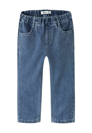 Pantalon en denim bleu pour tout-petit avec taille élastique, poches avant et passants de ceinture, posé à plat sur fond blanc.