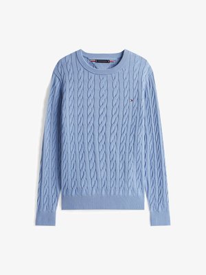 Hellblaues Kabelstrickpullover. Verfügt über einen Rundhalsausschnitt, lange Ärmel, gerippte Bündchen und Saum sowie ein dezentes Logo-Detail auf der Brust.