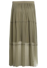 Falda larga de color verde oliva hecha de tela transparente en capas, con cintura elástica y detalles texturizados. Longitud hasta la mitad de la pantorrilla con una silueta fluida.