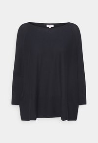 Maglione nero in maglia leggera con una vestibilità rilassata, scollatura tonda e maniche lunghe. Presenta dettagli a coste lungo i lati e l'orlo.