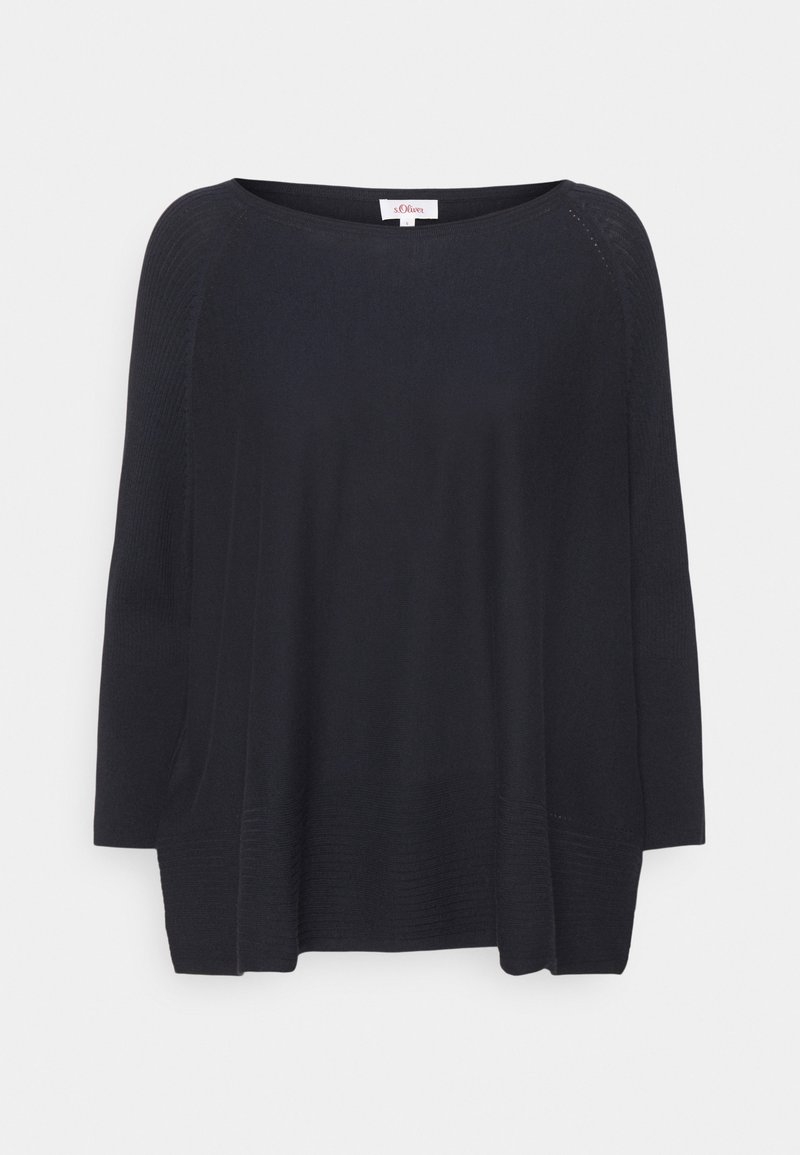 Maglione nero in maglia leggera con una vestibilità rilassata, scollatura tonda e maniche lunghe. Presenta dettagli a coste lungo i lati e l'orlo.