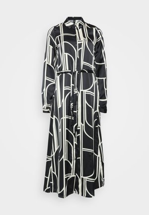 Mustvalge pikade varrukatega kleit geomeetrilise mustriga, nööpide ja sidumisrihmaga vööl, valmistatud siledast kangast.