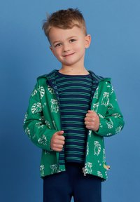 Giacca verde con stampa di procione, chiusura con zip e cappuccio, abbinata a una maglietta a righe blu navy. Tessuto liscio, polsini elasticizzati e vestibilità casual.
