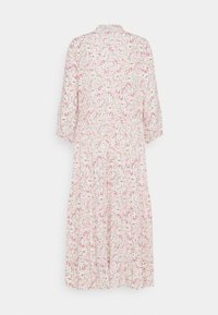 Blommig midiklänning i krämfärg med rosa och gröna mönster, med rund halsringning, trekvarts ärmar och en kjoldesign med volanger.