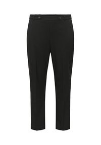 Pantalons noirs ajustés avec une jambe légèrement fuselée, comportant deux boutons avant, des poches latérales et une texture de tissu lisse.