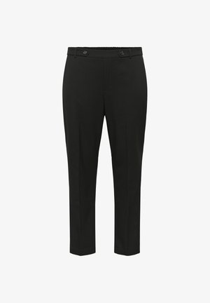 Pantalones negros ajustados con una pierna ligeramente entallada, que cuentan con dos botones en la parte delantera, bolsillos laterales y una textura de tela suave.