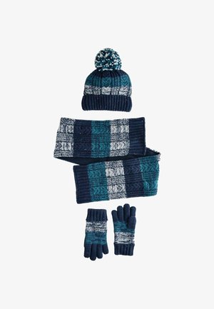 Mütze, Schal und Handschuhe Set. Dunkelblau, Türkis und Grau in wechselnden Mustern mit strukturierten Streifen. Die Mütze hat einen Pompon auf der Oberseite.