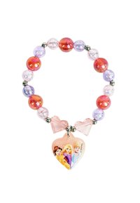 Braccialetto di perline colorate con perline rosa, viola e rosse, arricchito da un charm a forma di cuore che mostra le principesse Disney.