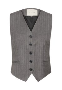 Grau gestreifter Weste mit V-Ausschnitt, sechs schwarzen Knöpfen, strukturierter Form, glattem Stoff und zwei Seitentaschen. Futter im Inneren.
