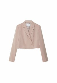 Cropped double-breasted jacket in light pink fabric. Features notched lapels, two front buttons, and long sleeves. Smooth texture.