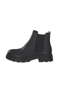 Bottes Chelsea en cuir noir avec panneaux élastiques sur les côtés, bout arrondi et semelle en caoutchouc robuste. Dotées d'une boucle à l'arrière pour un enfilage facile.