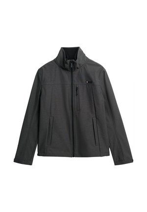 Veste zippée grise avec un col haut, deux poches avant et un petit logo en haut à gauche. Le tissu présente un motif texturé discret.