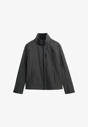 Giacca grigia con zip e colletto alto, due tasche frontali e un piccolo logo in alto a sinistra. Il tessuto presenta una leggera trama testurizzata.