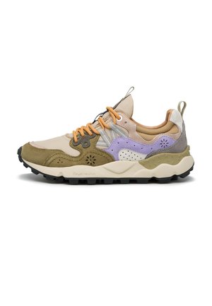 Multicolored sneaker featuring beige, olive, and lavender panels. Textured suede and smooth leather, with a rugged black outsole and orange laces.