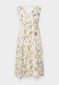 Λευκό αμάνικο midi φόρεμα με V-λαιμόκοψη και ελαστική μέση, με εκτύπωση μπεζ και καφέ κοχυλιών και αστεριών της θάλασσας.
