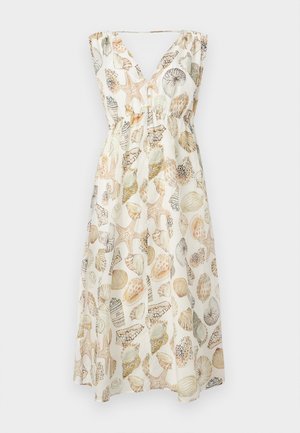 Valkoinen hihaton midimittainen mekko, jossa V-pääntie ja joustava vyötärö, jossa beigejä ja ruskeita simpukka- ja meritähden kuvioita.