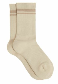 Beige bomuldsokker med ribbet tekstur, prydet med to vandrette beige striber øverst. Standard længde med forstærket hæl og tå.