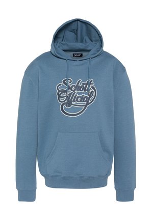 Sweat à capuche bleu avec poche avant et logo cursif "Schott Official" en blanc et noir sur la poitrine.