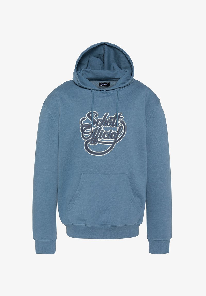 Sweat à capuche bleu avec poche avant et logo cursif "Schott Official" en blanc et noir sur la poitrine.