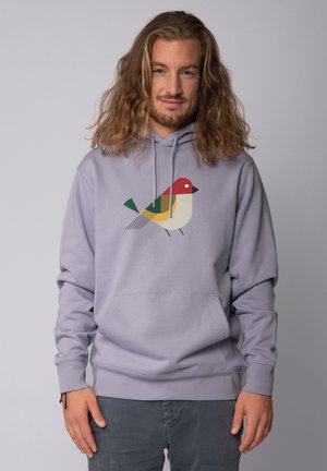 Lichtpaarse hoodie met een grafisch ontwerp van een gestileerde vogel in rood, geel, groen en zwart. Inclusief een voorzak en een capuchon met trekkoord.