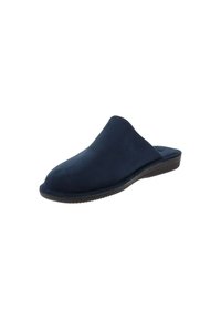 Granatowe buty wsuwane z miękkiej zamszowej skóry, z okrągłym noskiem i elastyczną gumową podeszwą o żłobionej teksturze dla lepszej przyczepności.