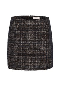 Vävd tweedkjol i marinblått och kräm, med ett texturerat mönster. Enkel rak modell med dragkedja bak.