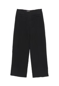Pantalones de pierna ancha negros con un sutil patrón texturizado, cremallera lateral y dos bolsillos frontales horizontales.