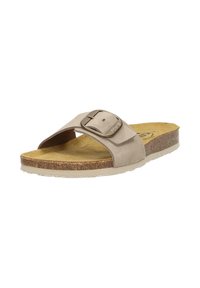 Beige slide sandals with a wide strap, buckle detail, and cork footbed. Rubber sole and soft terracotta lining for comfort.