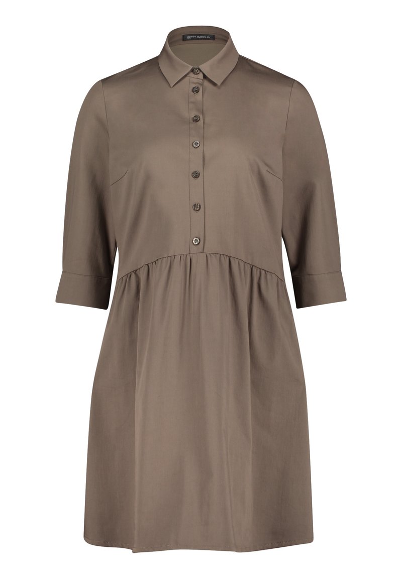 Draped shirt dress in a muted taupe color, with a buttoned front, collared neckline, and three-quarter sleeves. Smooth fabric texture.