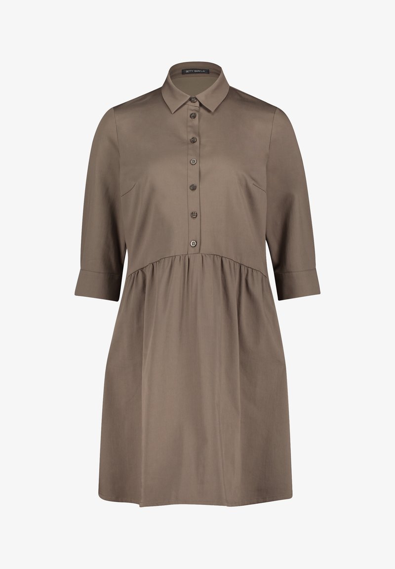 Draped shirt dress in a muted taupe color, with a buttoned front, collared neckline, and three-quarter sleeves. Smooth fabric texture.
