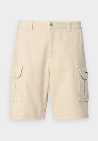 Beige cargo šortky s volnějším střihem, vyrobené z bavlny, s dvěma bočními kapsami, předním zapínáním na knoflík a diskrétními švy.