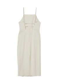 Cremefarbenes, ärmelloses Midikleid mit quadratischem Ausschnitt und zwei horizontalen Trägerdetails im Brustbereich.