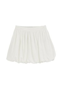 White, gathered skirt with an elastic waistband, featuring a soft, lightweight fabric and a billowing shape. No visible patterns or hardware.