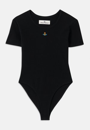 Schwarzer gerippter Bodysuit mit kurzen Ärmeln und rundem Halsausschnitt, versehen mit einem kleinen bunten gestickten Logo auf der Brust.