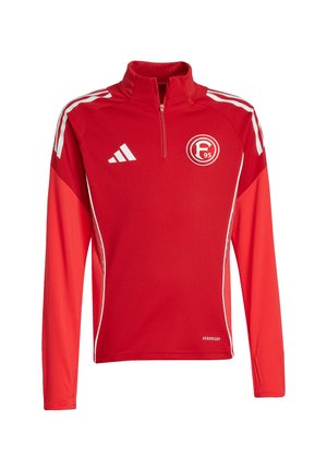 Rød langærmet atletisk pullover med lynlåskrave, hvide striber, Adidas-logo og rundt F95-emblem på brystet.