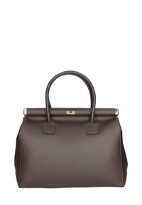 Bruine leren handtas met een gestructureerde vorm. Beschikt over twee ronde handvatten, een gouden hardware accent en een textuur oppervlak.