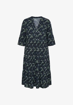 Navyblaues Midikleid mit Blumenmuster, V-Ausschnitt, 3/4-Ärmeln, gestuftem Rock und kleinem Muster aus grünen, weißen und blauen Blumen.