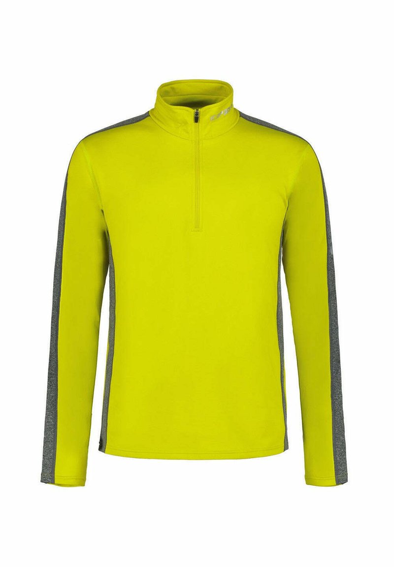 Heller gelber Langarm-Pullover mit Halb-Reißverschlusskragen und grauen Seitenelementen, aus glattem, leichtem Stoff gefertigt.