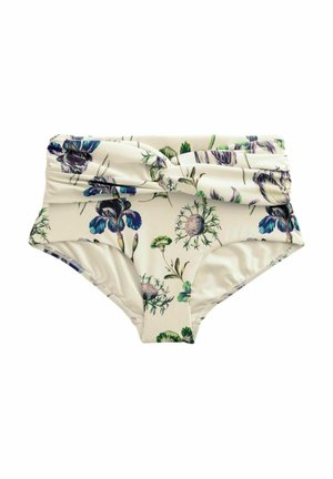 Hooggewicht bikini onderkant met een licht crèmekleurige stof met een bloemenpatroon in groene en paarse tinten, en een gedraaide voorkant.