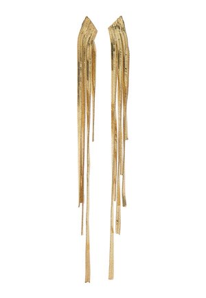 Długie kolczyki z chwostami w kolorze złotym, składające się z wielu cienkich pasków zwisających z zakrzywionej podstawy.