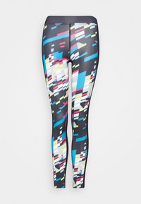 Flerfärgade leggins med ett geometriskt mönster och svarta, blå, rosa och gula detaljer. Tillverkade av elastiskt, slätt tyg.