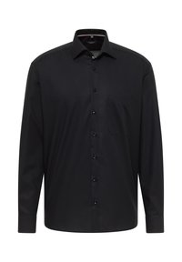 Camicia nera a maniche lunghe con bottoni, design elegante, colletto appuntito, tasca singola e polsini standard. Tessuto liscio con finitura opaca.