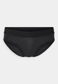 Zwarte bikini-stijl ondergoed van textuurstof, met een brede tailleband en gladde randen, biedt volledige bedekking en comfort.