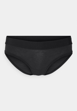 Svart bikinitruse i teksturert stoff, med bred midjebånd og glatte kanter, som gir full dekning og komfort.