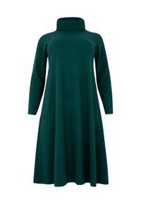Langärmliges, teal-farbenes Kleid mit hohem, gefaltetem Kragen. A-Linien-Schnitt, aus strukturiertem Stoff, reicht bis unter die Knie. Keine sichtbaren Muster oder Akzente.