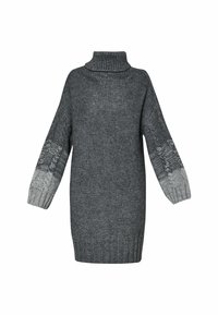 Robe-pull en maille gris foncé avec un col montant et des manches longues qui s’estompent en gris clair aux poignets avec un détail torsadé.