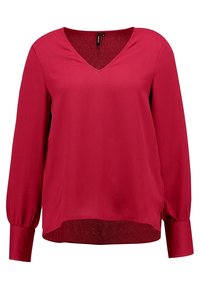 Rød bluse med lange ærmer, V-udskæring og rynkede ærmer. Fremstillet af blød, glat stof med en lidt løs pasform og afrundet kant.