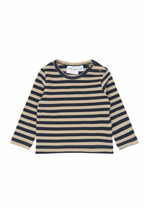 Beige and navy blue striped long-sleeve baby shirt with shoulder snap buttons and round neckline.