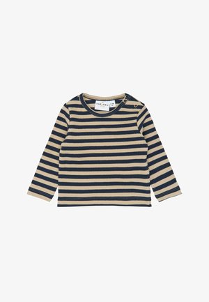 Beige en marineblauw gestreept babyshirt met lange mouwen, drukknoopjes op de schouders en een ronde hals.