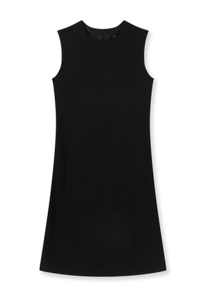 Abito nero senza maniche a linea ad A con scollo tondo e chiusura con cerniera sul retro, mostrato disteso su uno sfondo bianco.